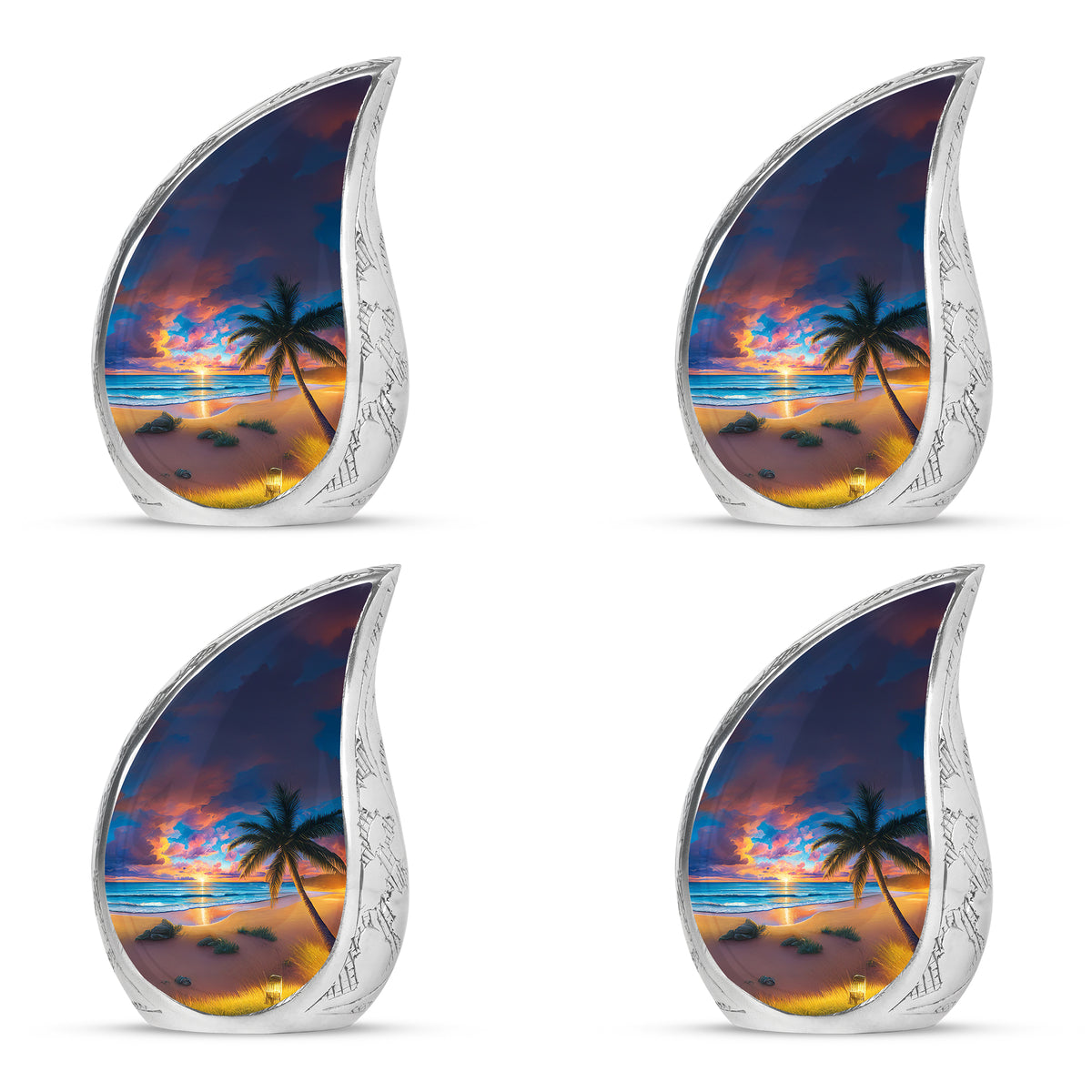 Sapphire Blue Beach Cremation Urn close-up of engraving and surface detail - graceful tear-shaped urn with beach motif - 10 inch aluminum urn for cremated remains