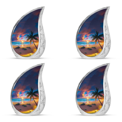 Sapphire Blue Beach Cremation Urn close-up of engraving and surface detail - graceful tear-shaped urn with beach motif - 10 inch aluminum urn for cremated remains