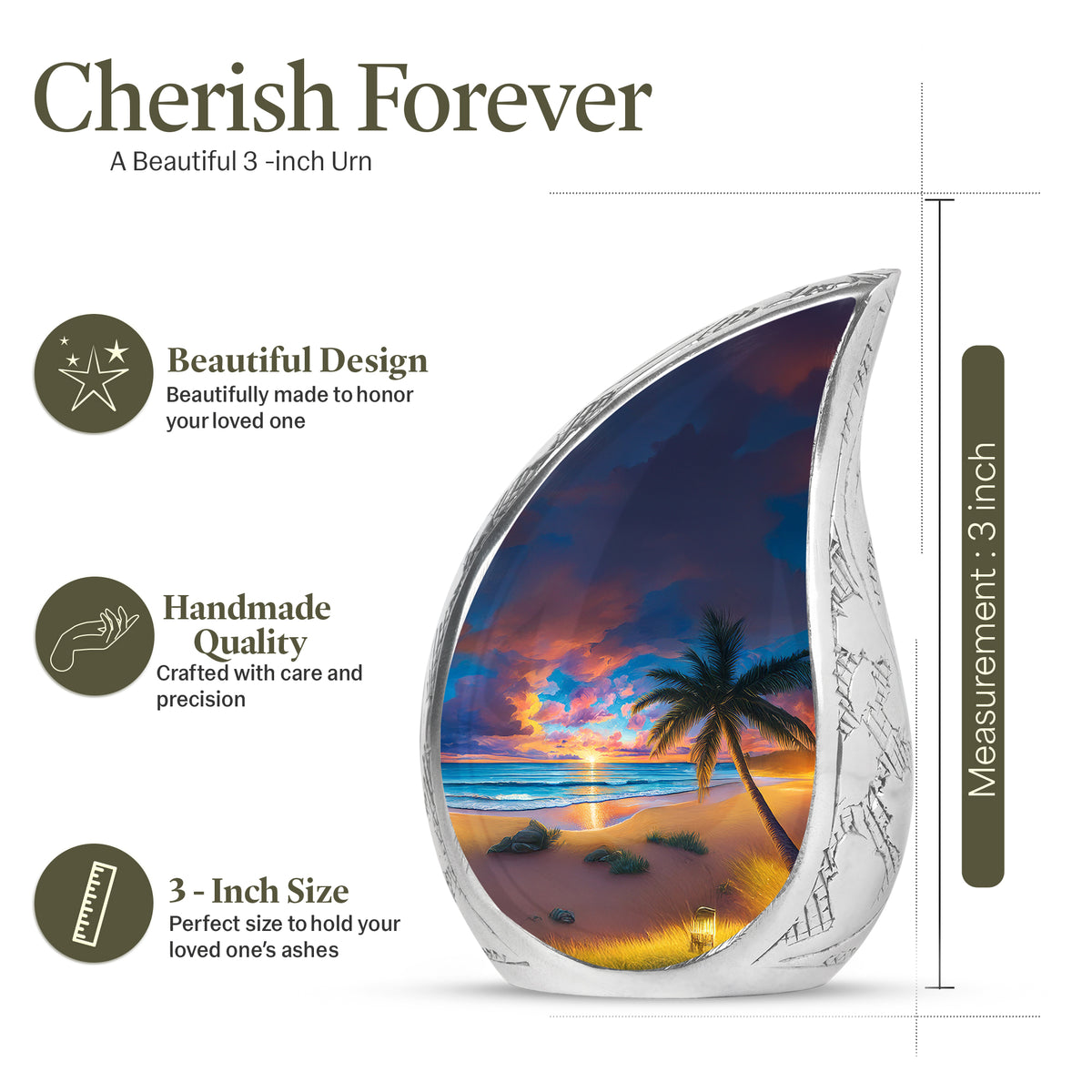 Twilight Blue Beach Cremation Urn angled view of lid and engraved motif - smooth teardrop contour featuring beach art - mini keepsake memorial for portion of cremation ashes