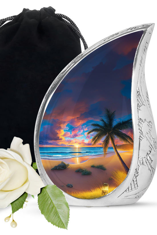 Slate Blue Beach Cremation Urn front view showing detailed design - rounded teardrop beach design with delicate detail - full-size 10 inch 200 cubic inch adult cremation urn