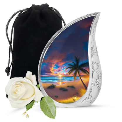 Slate Blue Beach Cremation Urn front view showing detailed design - rounded teardrop beach design with delicate detail - full-size 10 inch 200 cubic inch adult cremation urn