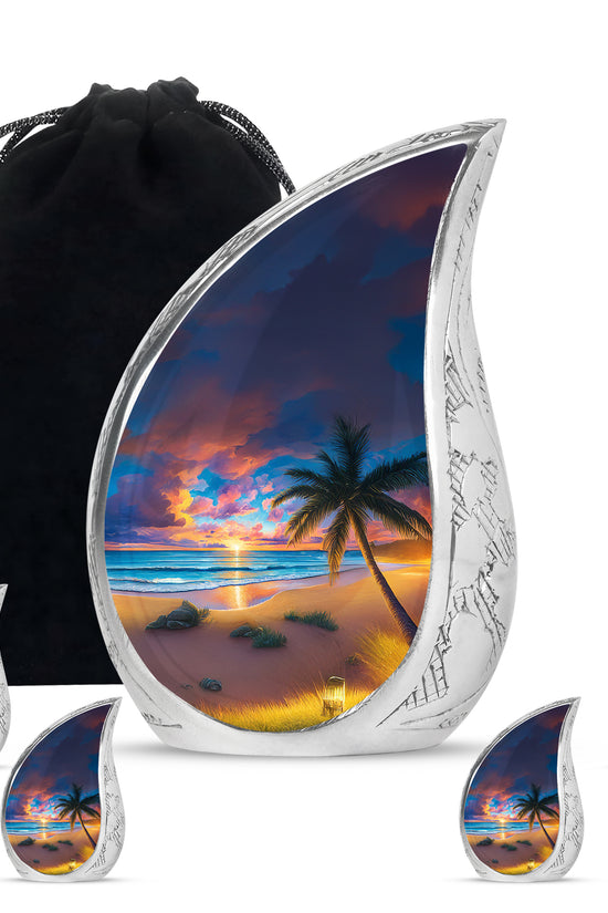 Powder Blue Beach Cremation Urn side profile showing urn shape - rounded teardrop beach design with delicate detail - memorial set with one large and four small urns