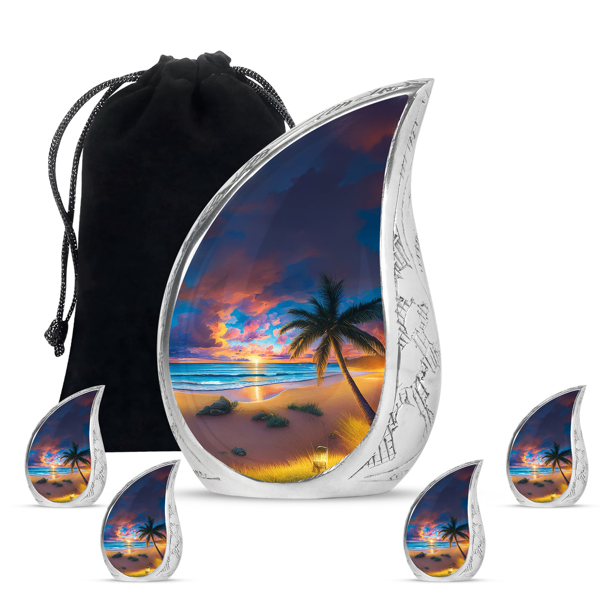 Powder Blue Beach Cremation Urn side profile showing urn shape - rounded teardrop beach design with delicate detail - memorial set with one large and four small urns