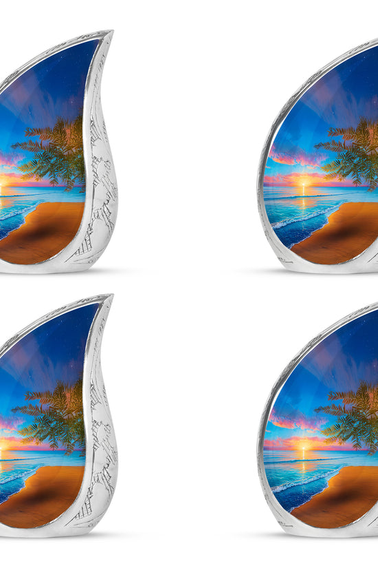 Vivid Blue Beach Cremation Urn close-up of engraving and surface detail - graceful tear-shaped urn with beach motif - 10 inch aluminum urn for cremated remains