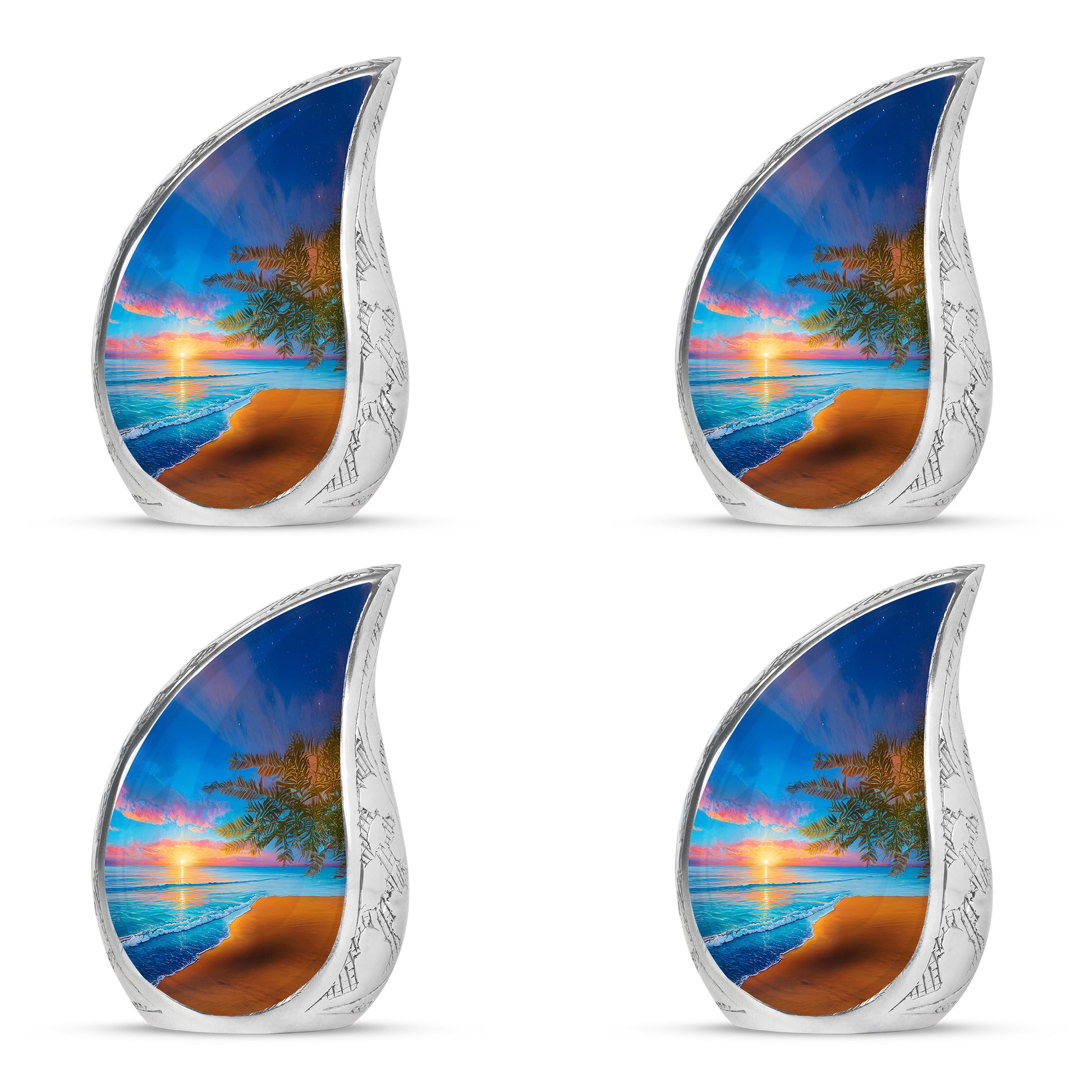 Vivid Blue Beach Cremation Urn close-up of engraving and surface detail - graceful tear-shaped urn with beach motif - 10 inch aluminum urn for cremated remains