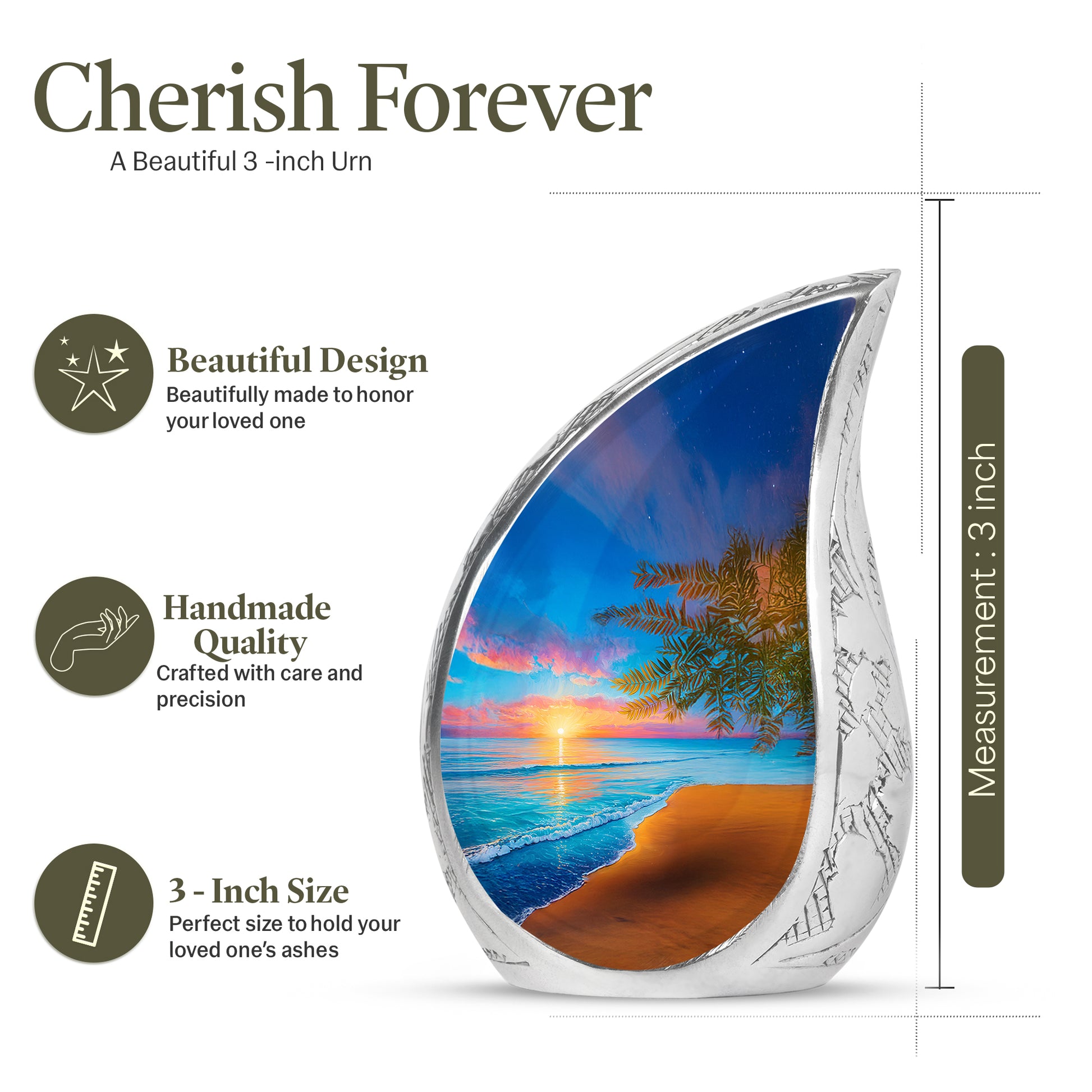 Soft Blue Beach Cremation Urn angled view of lid and engraved motif - graceful tear-shaped urn with beach motif - mini keepsake memorial for portion of cremation ashes