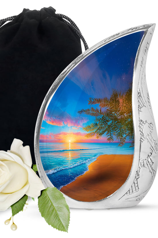 Celestial Blue Beach Cremation Urn front view showing detailed design - rounded teardrop beach design with delicate detail - full-size 10 inch 200 cubic inch adult cremation urn