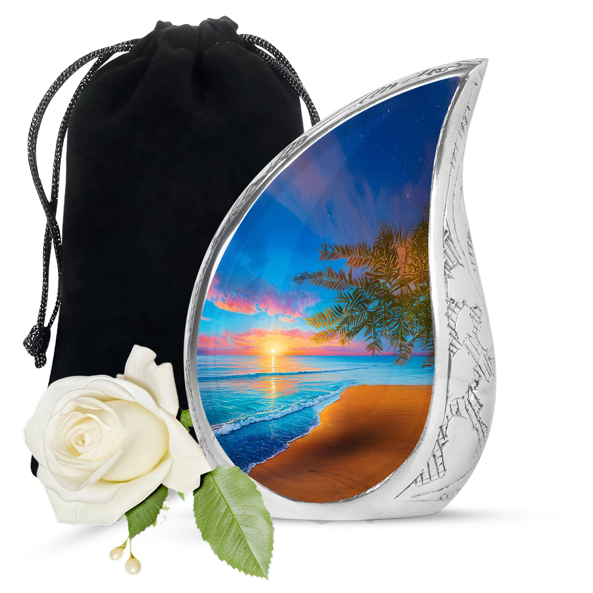 Celestial Blue Beach Cremation Urn front view showing detailed design - rounded teardrop beach design with delicate detail - full-size 10 inch 200 cubic inch adult cremation urn