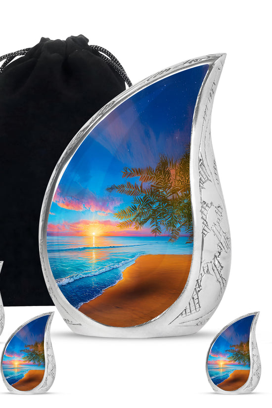 Sapphire Blue Beach Cremation Urn side profile showing urn shape - smooth teardrop contour featuring beach art - memorial set with one large and four small urns
