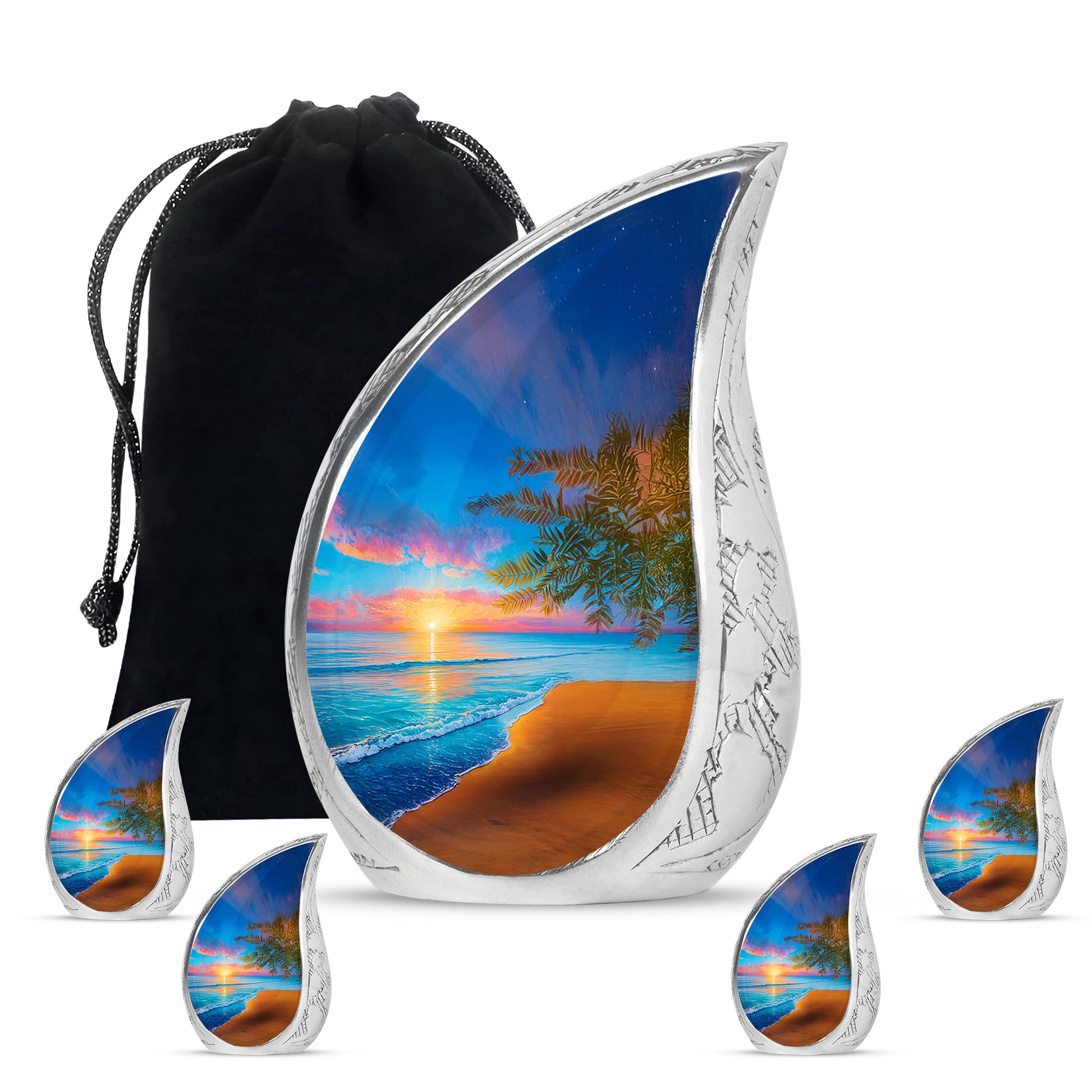 Sapphire Blue Beach Cremation Urn side profile showing urn shape - smooth teardrop contour featuring beach art - memorial set with one large and four small urns