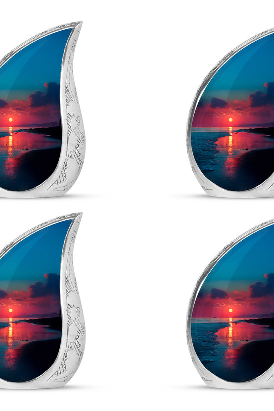 Soft Blue Beach Cremation Urn close-up of engraving and surface detail - smooth teardrop contour featuring beach art - 10 inch aluminum urn for cremated remains
