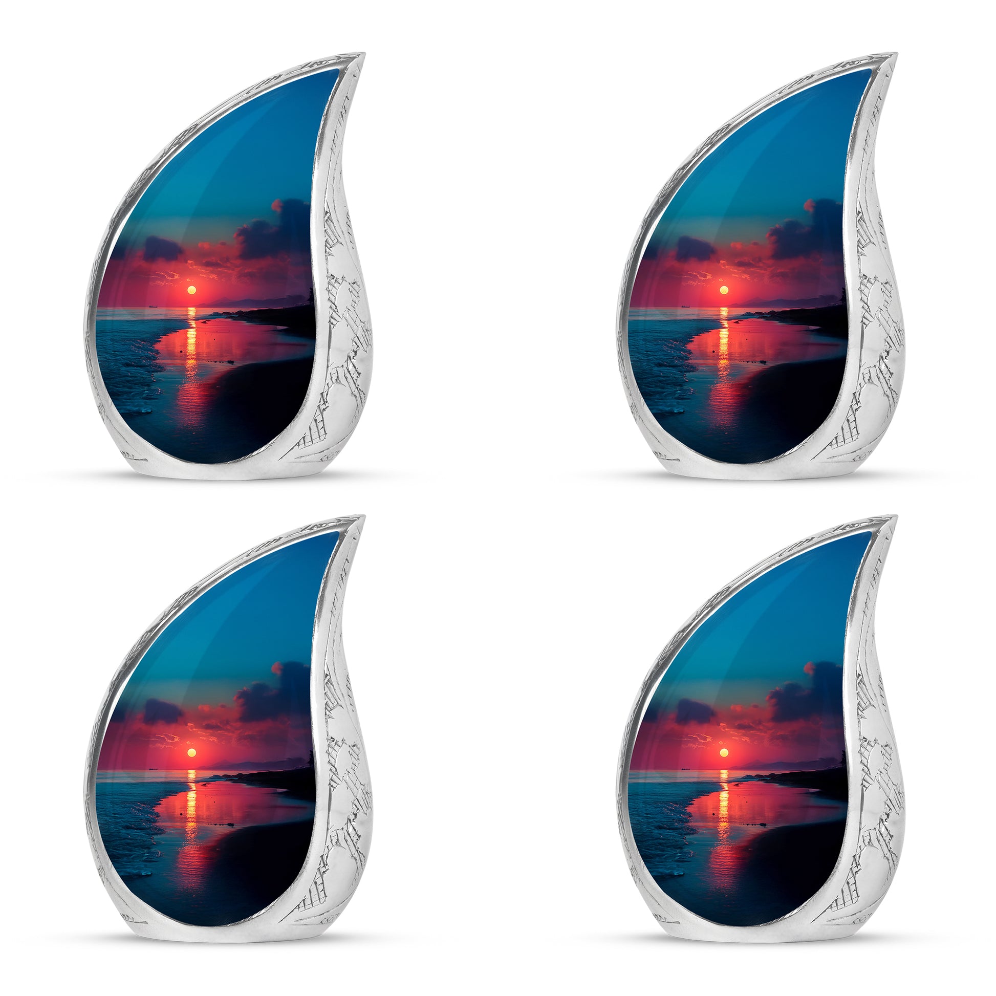 Soft Blue Beach Cremation Urn close-up of engraving and surface detail - smooth teardrop contour featuring beach art - 10 inch aluminum urn for cremated remains