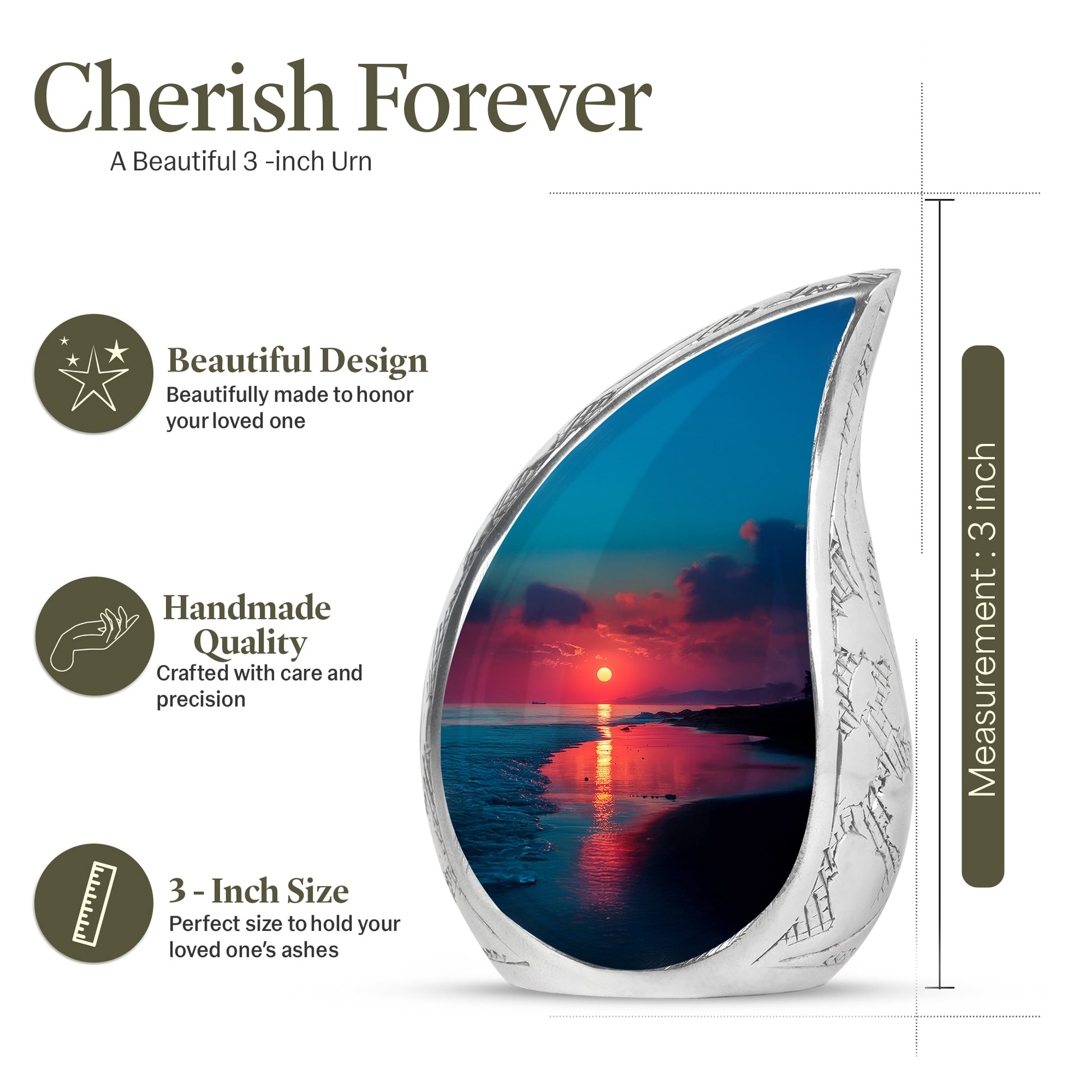 Soft Blue Beach Cremation Urn angled view of lid and engraved motif - graceful tear-shaped urn with beach motif - mini keepsake memorial for portion of cremation ashes