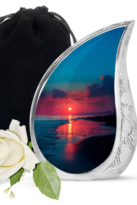Cornflower Blue Beach Cremation Urn front view showing detailed design - smooth teardrop contour featuring beach art - full-size 10 inch 200 cubic inch adult cremation urn