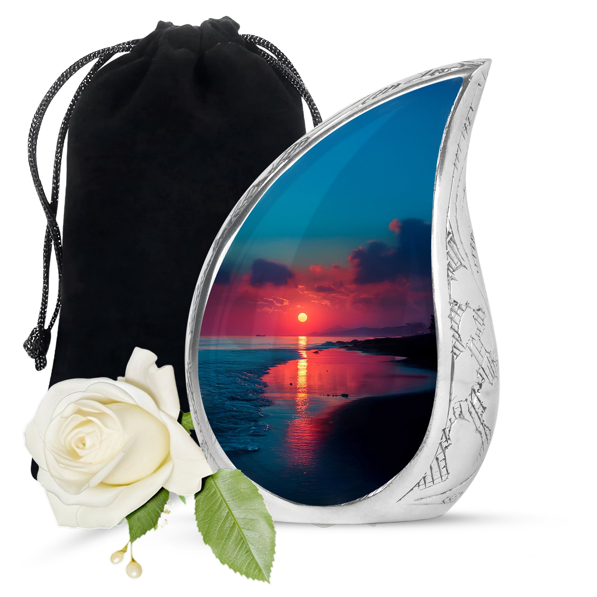 Cornflower Blue Beach Cremation Urn front view showing detailed design - smooth teardrop contour featuring beach art - full-size 10 inch 200 cubic inch adult cremation urn