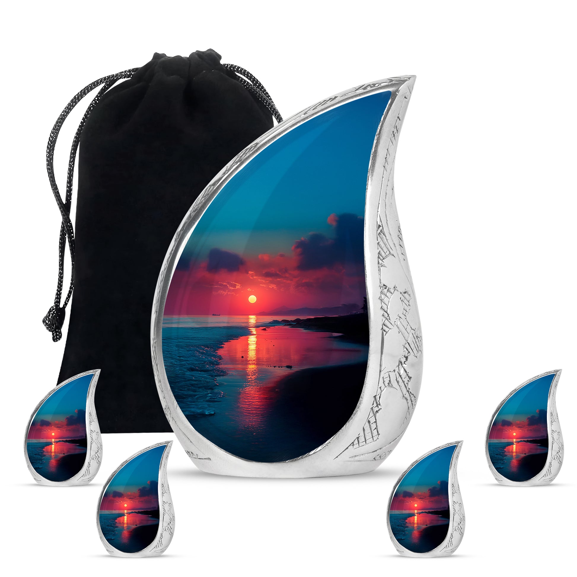 Sapphire Blue Beach Cremation Urn side profile showing urn shape - graceful tear-shaped urn with beach motif - memorial set with one large and four small urns