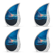 Indigo Beach Cremation Urn close-up of engraving and surface detail - rounded teardrop beach design with delicate detail - 10 inch aluminum urn for cremated remains