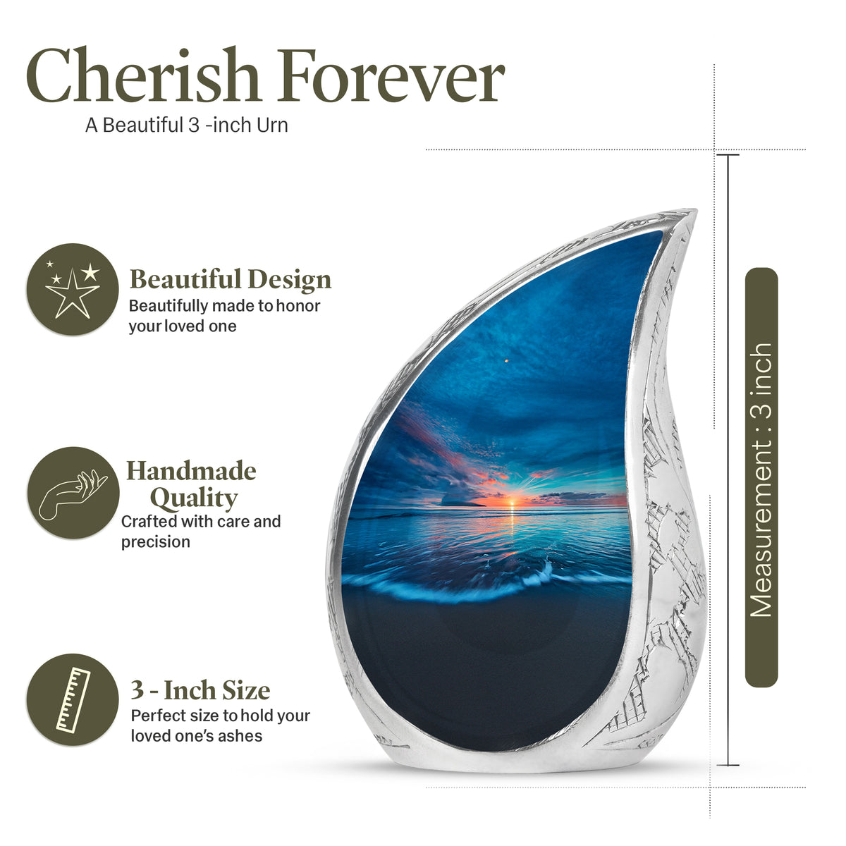 Sky Blue Beach Cremation Urn angled view of lid and engraved motif - rounded teardrop beach design with delicate detail - mini keepsake memorial for portion of cremation ashes