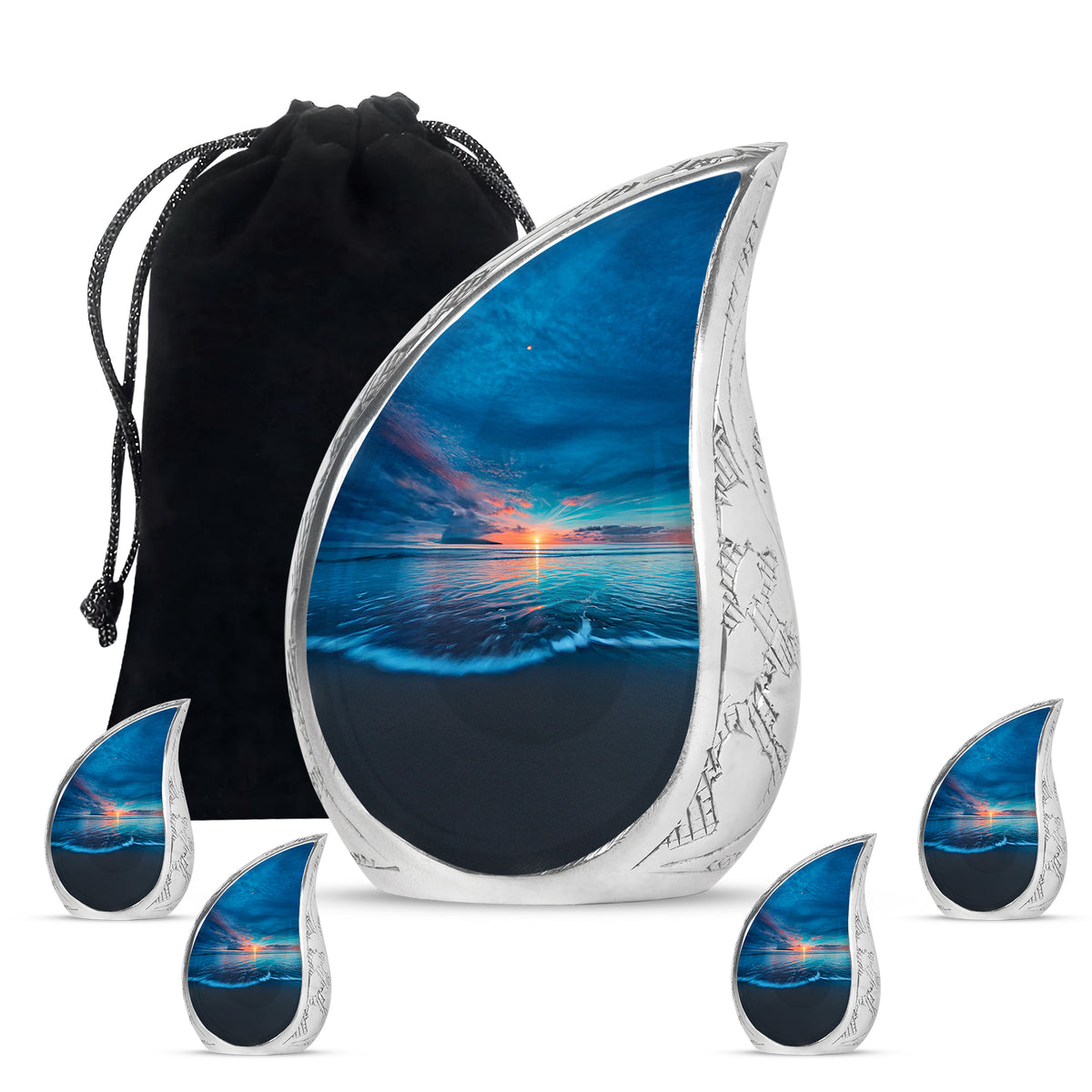 Navy Blue Beach Cremation Urn side profile showing urn shape - rounded teardrop beach design with delicate detail - memorial set with one large and four small urns