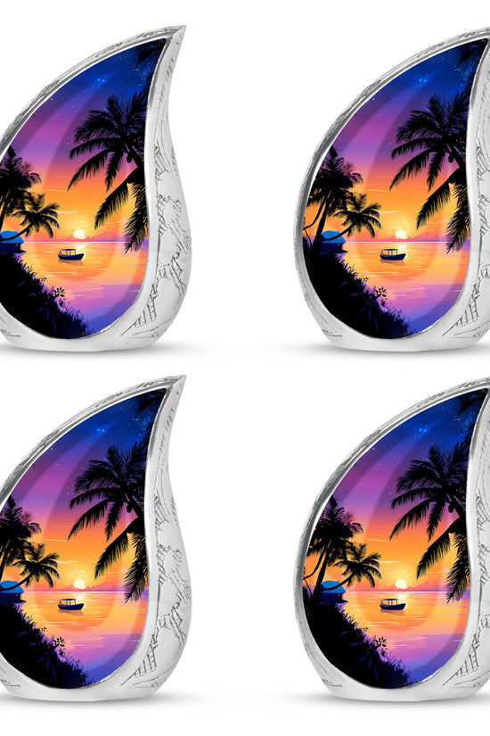 Soft Pink Beach Cremation Urn close-up of engraving and surface detail - graceful tear-shaped urn with beach motif - 10 inch aluminum urn for cremated remains