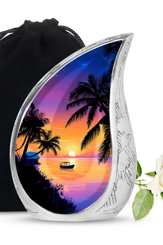 Dusty Pink Beach Cremation Urn front view showing detailed design - graceful tear-shaped urn with beach motif - full-size 10 inch 200 cubic inch adult cremation urn