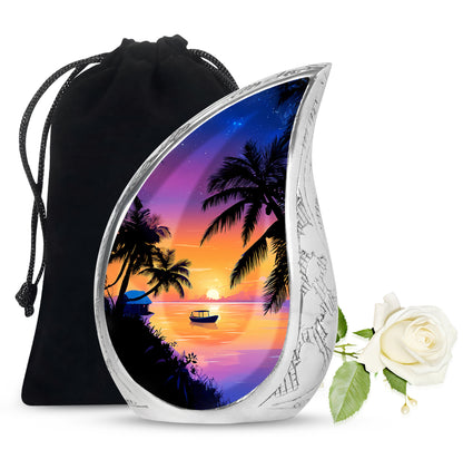 Dusty Pink Beach Cremation Urn front view showing detailed design - graceful tear-shaped urn with beach motif - full-size 10 inch 200 cubic inch adult cremation urn