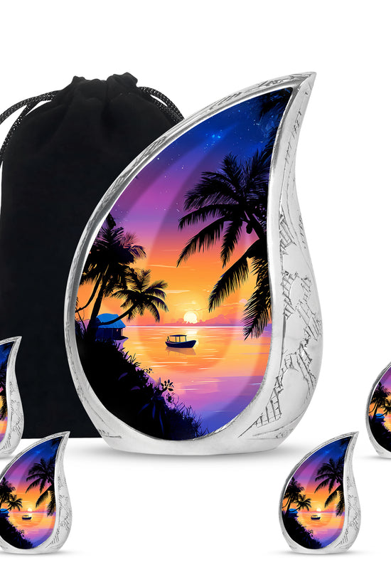 Rose Pink Beach Cremation Urn side profile showing urn shape - flowing teardrop beach silhouette on curved aluminum - memorial set with one large and four small urns