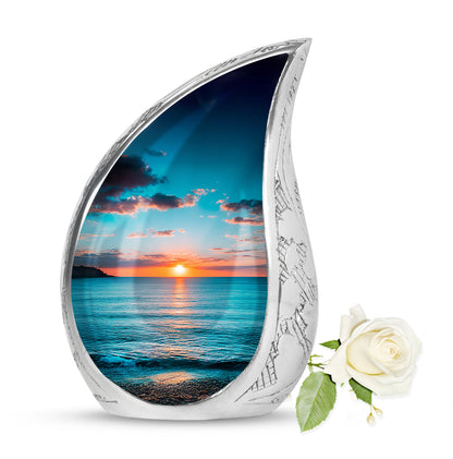 Personalized Teal Sovereign Beach Cremation Urns for Human Ashes - 10-inch, 200 cu in - Yatskia
