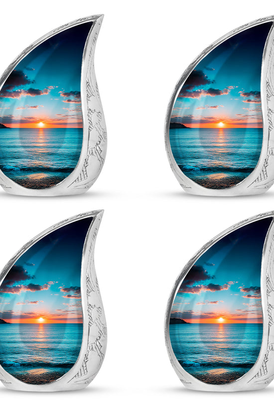 Aqua Teal Beach Cremation Urn close-up of engraving and surface detail - smooth teardrop contour featuring beach art - 10 inch aluminum urn for cremated remains