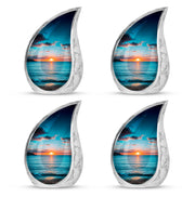 Aqua Teal Beach Cremation Urn close-up of engraving and surface detail - smooth teardrop contour featuring beach art - 10 inch aluminum urn for cremated remains