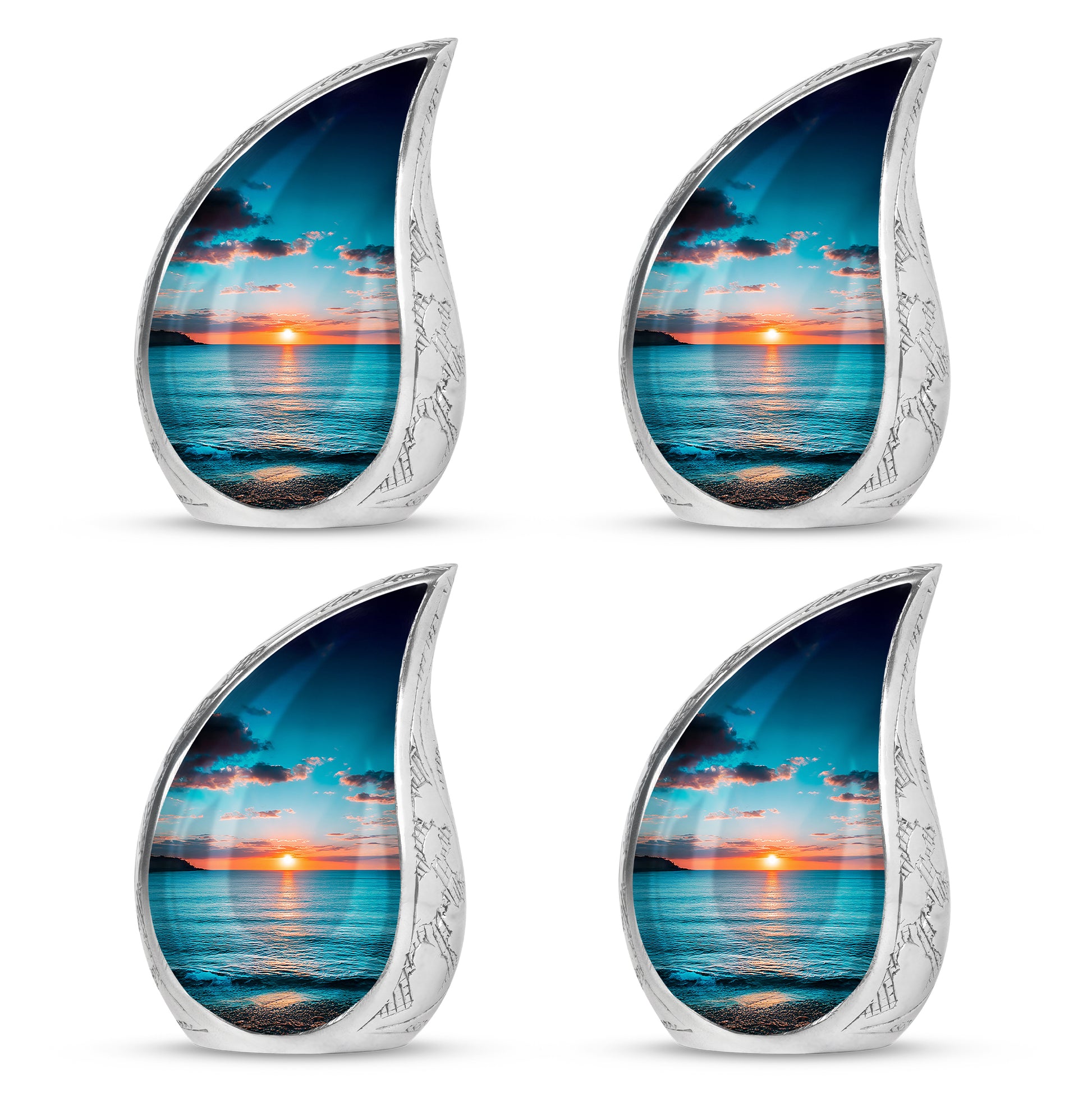 Aqua Teal Beach Cremation Urn close-up of engraving and surface detail - smooth teardrop contour featuring beach art - 10 inch aluminum urn for cremated remains