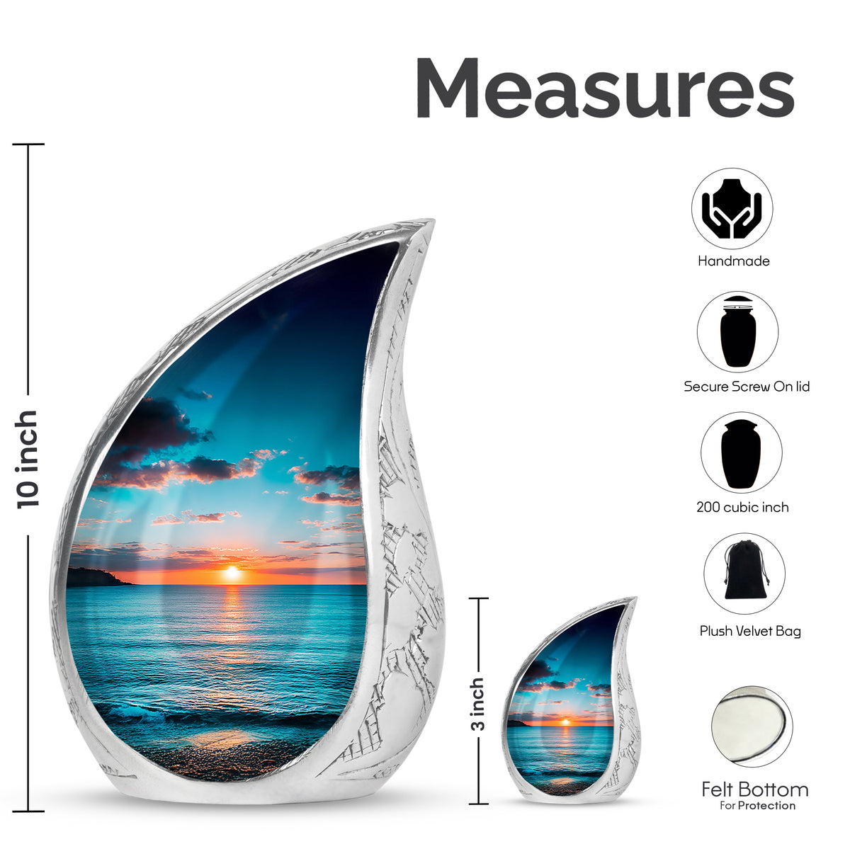 Cool Teal Beach Cremation Urn angled view of lid and engraved motif - flowing teardrop beach silhouette on curved aluminum - mini keepsake memorial for portion of cremation ashes
