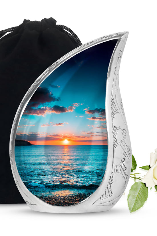 Sea Green Teal Beach Cremation Urn front view showing detailed design - rounded teardrop beach design with delicate detail - full-size 10 inch 200 cubic inch adult cremation urn