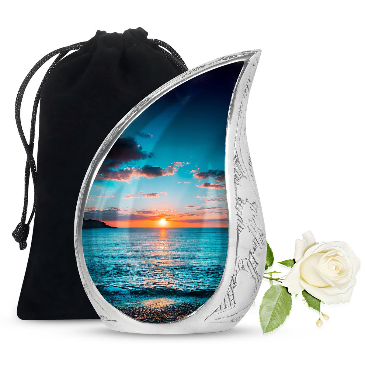 Sea Green Teal Beach Cremation Urn front view showing detailed design - rounded teardrop beach design with delicate detail - full-size 10 inch 200 cubic inch adult cremation urn
