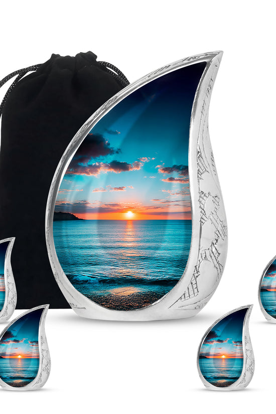 Tropical Teal Beach Cremation Urn side profile showing urn shape - graceful tear-shaped urn with beach motif - memorial set with one large and four small urns