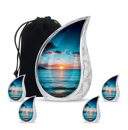 Tropical Teal Beach Cremation Urn side profile showing urn shape - graceful tear-shaped urn with beach motif - memorial set with one large and four small urns