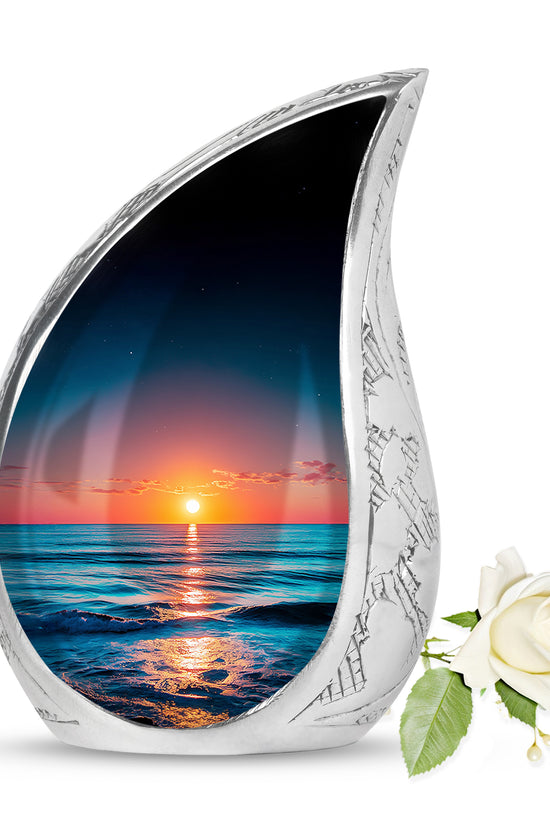 Inspiring Blue Beach Commemoration Urn for Human Ashes - 10-inch, 200 cu in - Yatskia