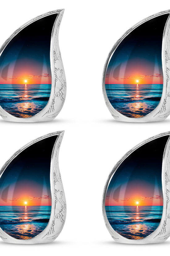 Indigo Beach Cremation Urn close-up of engraving and surface detail - rounded teardrop beach design with delicate detail - 10 inch aluminum urn for cremated remains
