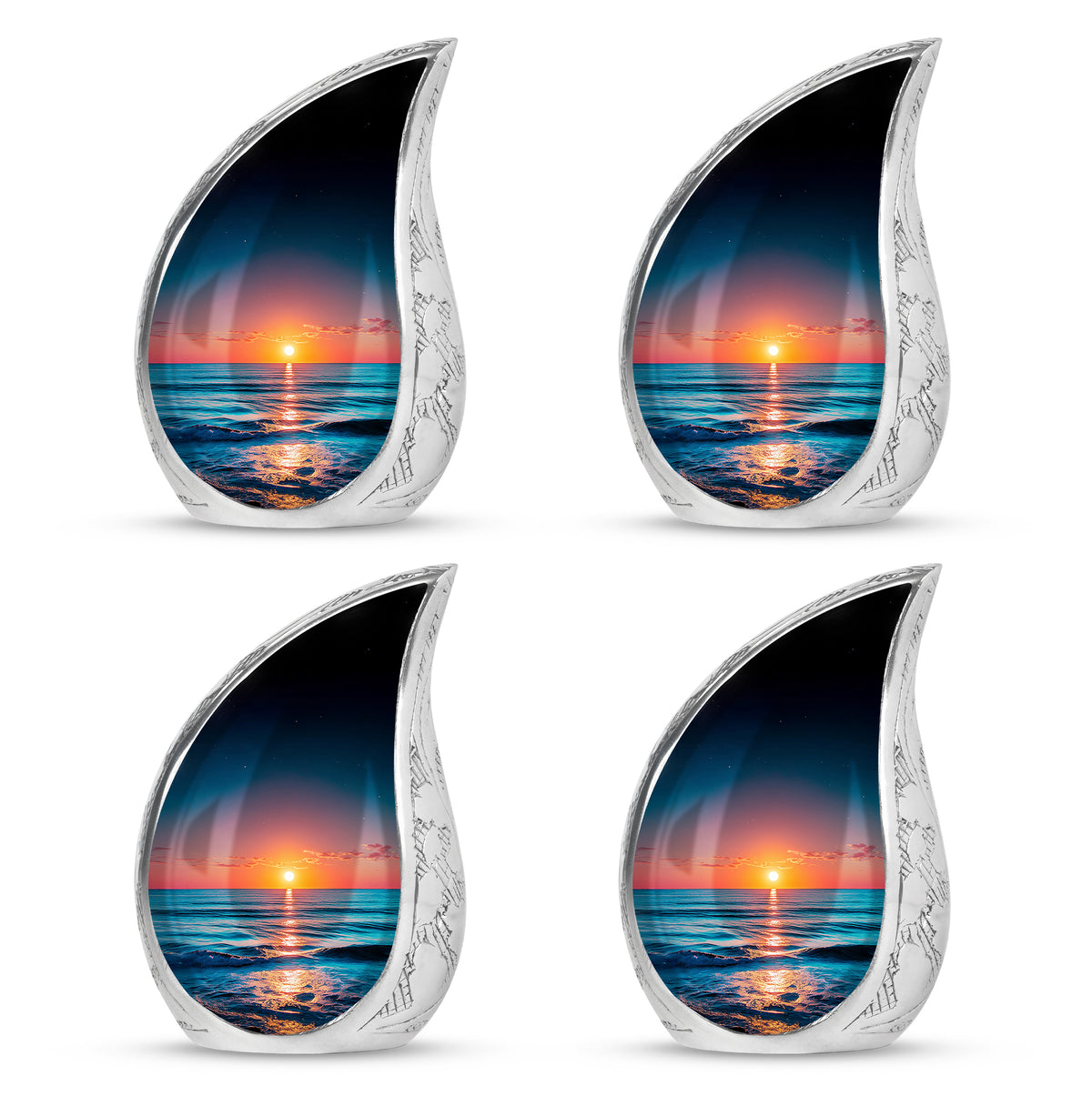 Indigo Beach Cremation Urn close-up of engraving and surface detail - rounded teardrop beach design with delicate detail - 10 inch aluminum urn for cremated remains