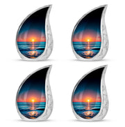 Indigo Beach Cremation Urn close-up of engraving and surface detail - rounded teardrop beach design with delicate detail - 10 inch aluminum urn for cremated remains