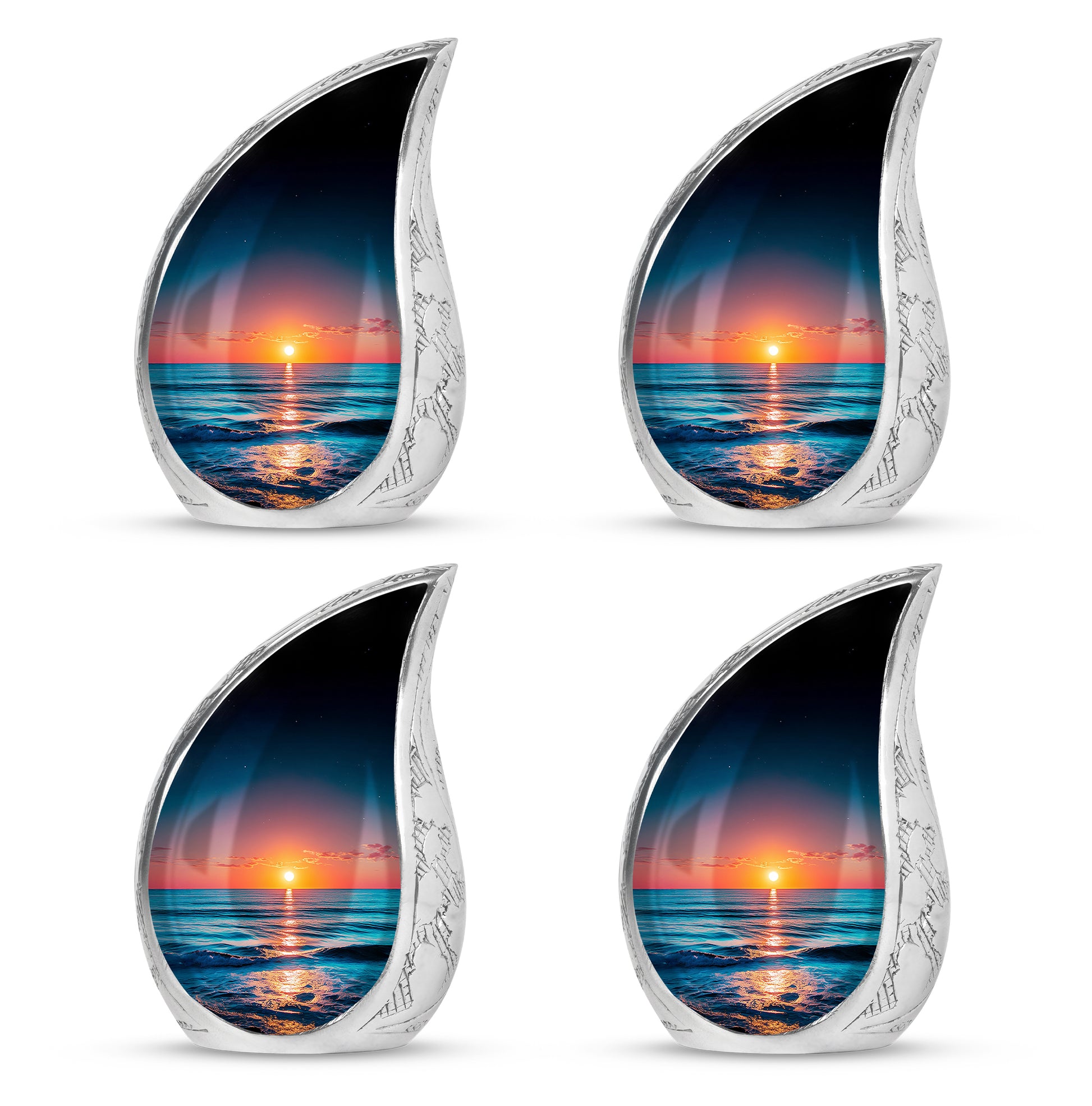 Indigo Beach Cremation Urn close-up of engraving and surface detail - rounded teardrop beach design with delicate detail - 10 inch aluminum urn for cremated remains