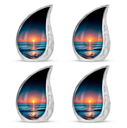 Indigo Beach Cremation Urn close-up of engraving and surface detail - rounded teardrop beach design with delicate detail - 10 inch aluminum urn for cremated remains