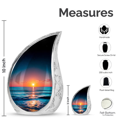 Celestial Blue Beach Cremation Urn angled view of lid and engraved motif - flowing teardrop beach silhouette on curved aluminum - mini keepsake memorial for portion of cremation ashes