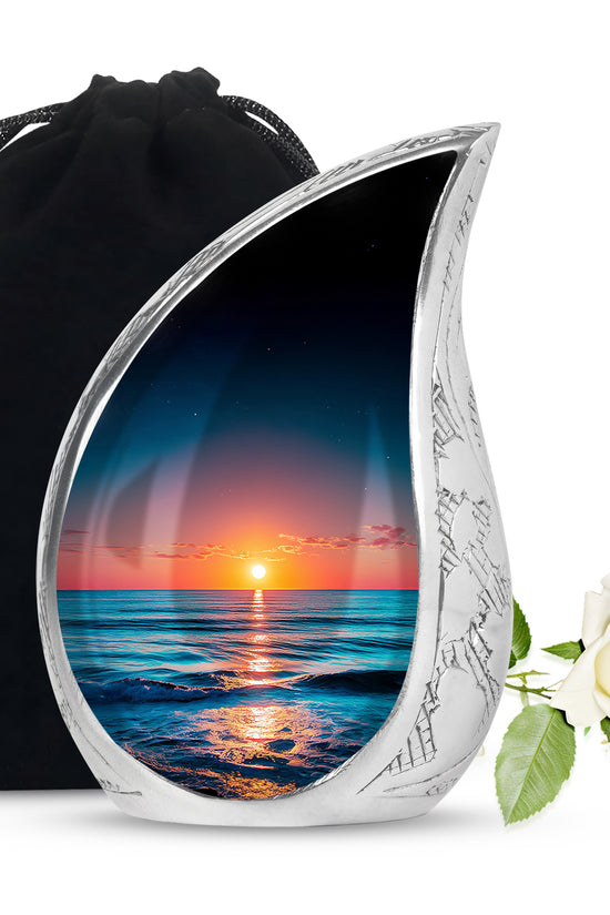 Cornflower Blue Beach Cremation Urn front view showing detailed design - graceful tear-shaped urn with beach motif - full-size 10 inch 200 cubic inch adult cremation urn
