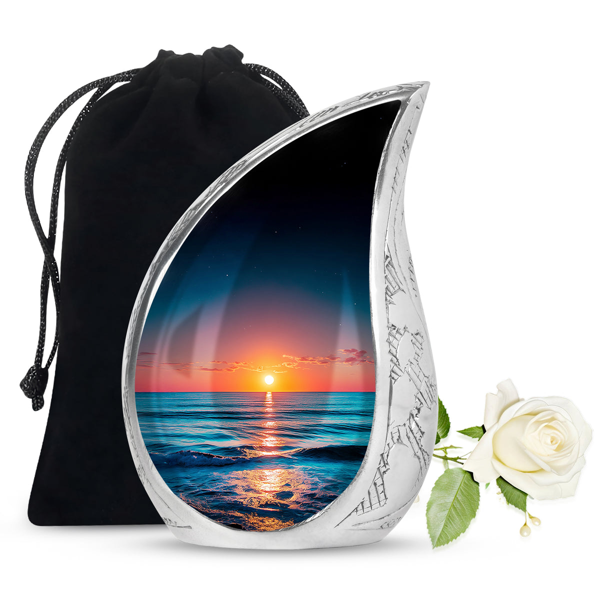 Cornflower Blue Beach Cremation Urn front view showing detailed design - graceful tear-shaped urn with beach motif - full-size 10 inch 200 cubic inch adult cremation urn