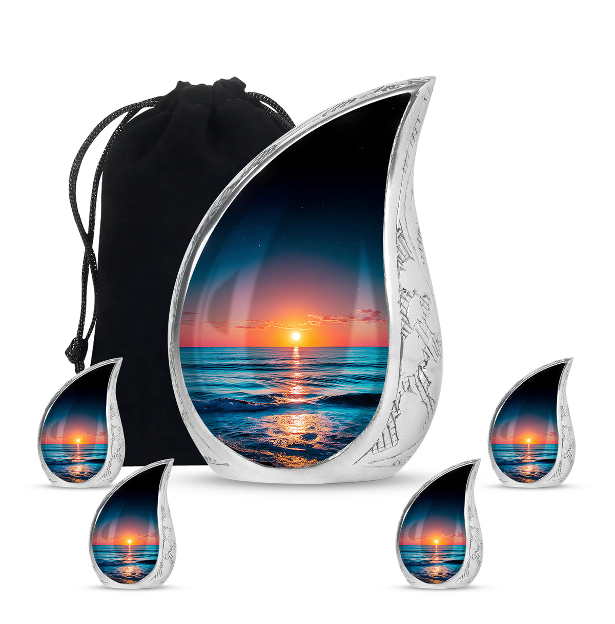 Cobalt Blue Beach Cremation Urn side profile showing urn shape - graceful tear-shaped urn with beach motif - memorial set with one large and four small urns