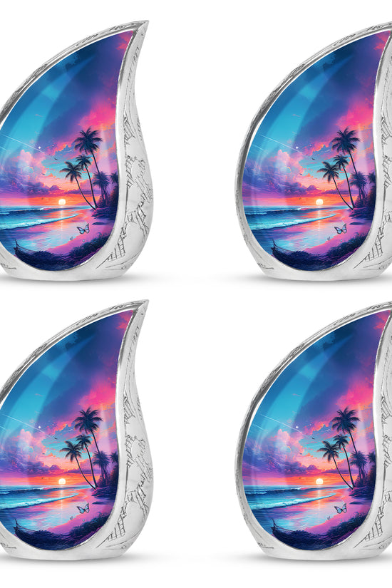 Azure Beach Cremation Urn close-up of engraving and surface detail - flowing teardrop beach silhouette on curved aluminum - 10 inch aluminum urn for cremated remains