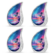Azure Beach Cremation Urn close-up of engraving and surface detail - flowing teardrop beach silhouette on curved aluminum - 10 inch aluminum urn for cremated remains