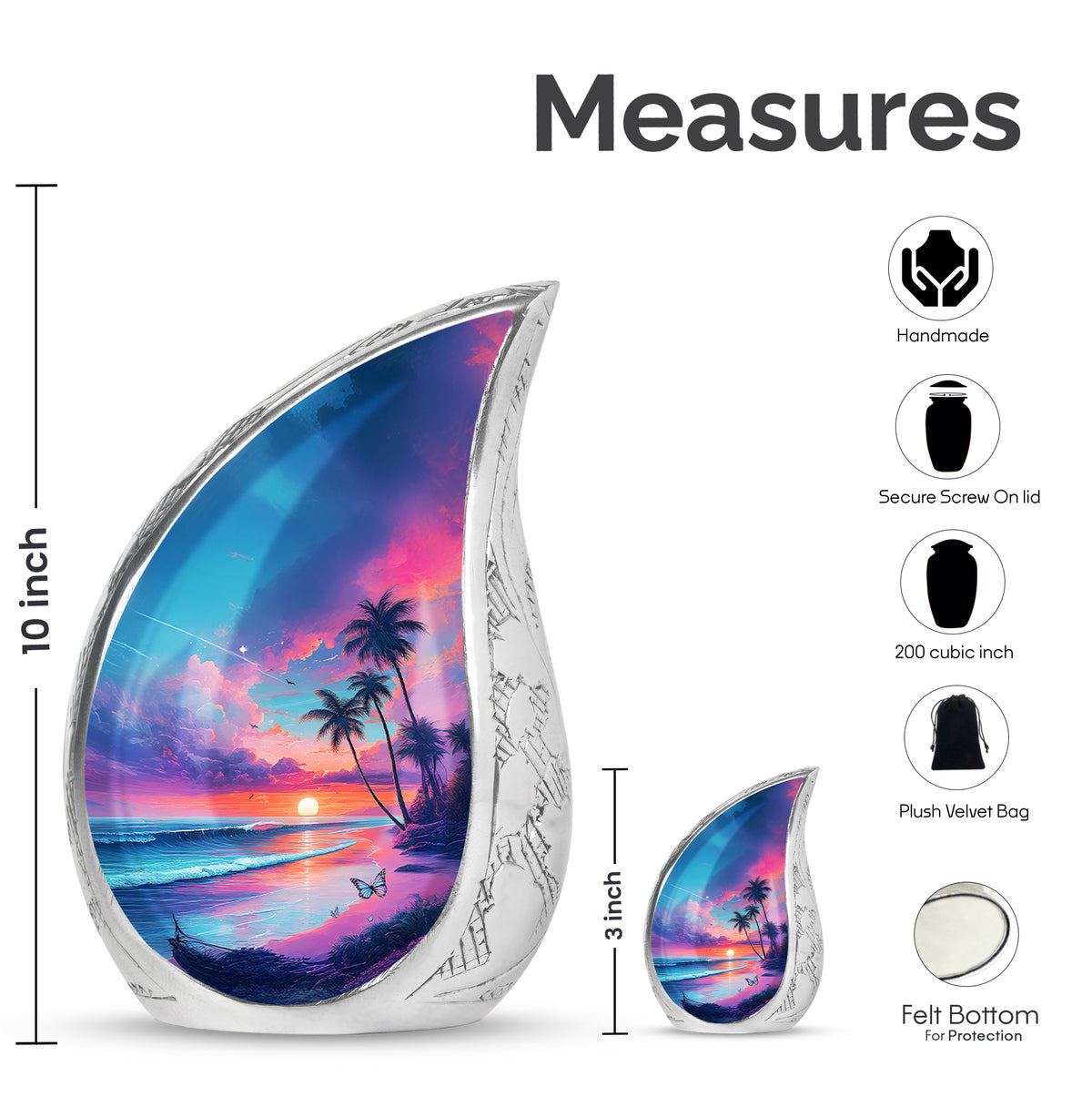 Twilight Blue Beach Cremation Urn angled view of lid and engraved motif - smooth teardrop contour featuring beach art - mini keepsake memorial for portion of cremation ashes
