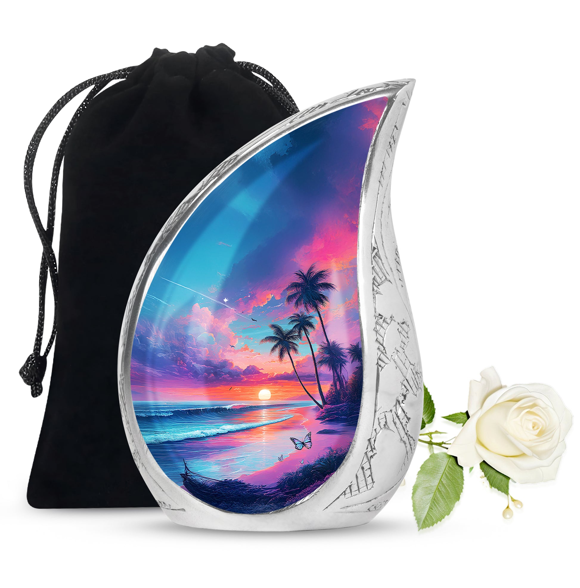 Indigo Beach Cremation Urn front view showing detailed design - flowing teardrop beach silhouette on curved aluminum - full-size 10 inch 200 cubic inch adult cremation urn